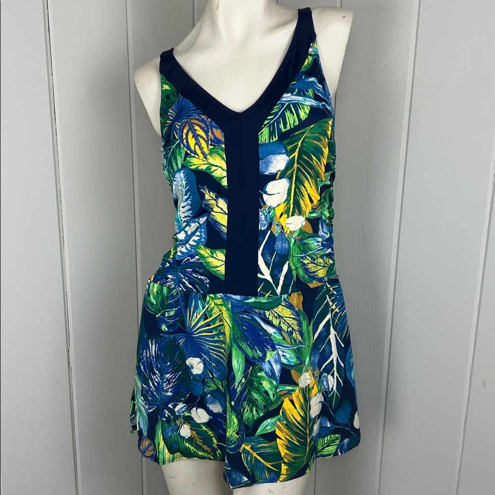 Susan Graver Soleil Swim Dress V-Neck Colorblock Navy Rio Tropical Size 10 New - Picture 2 of 10